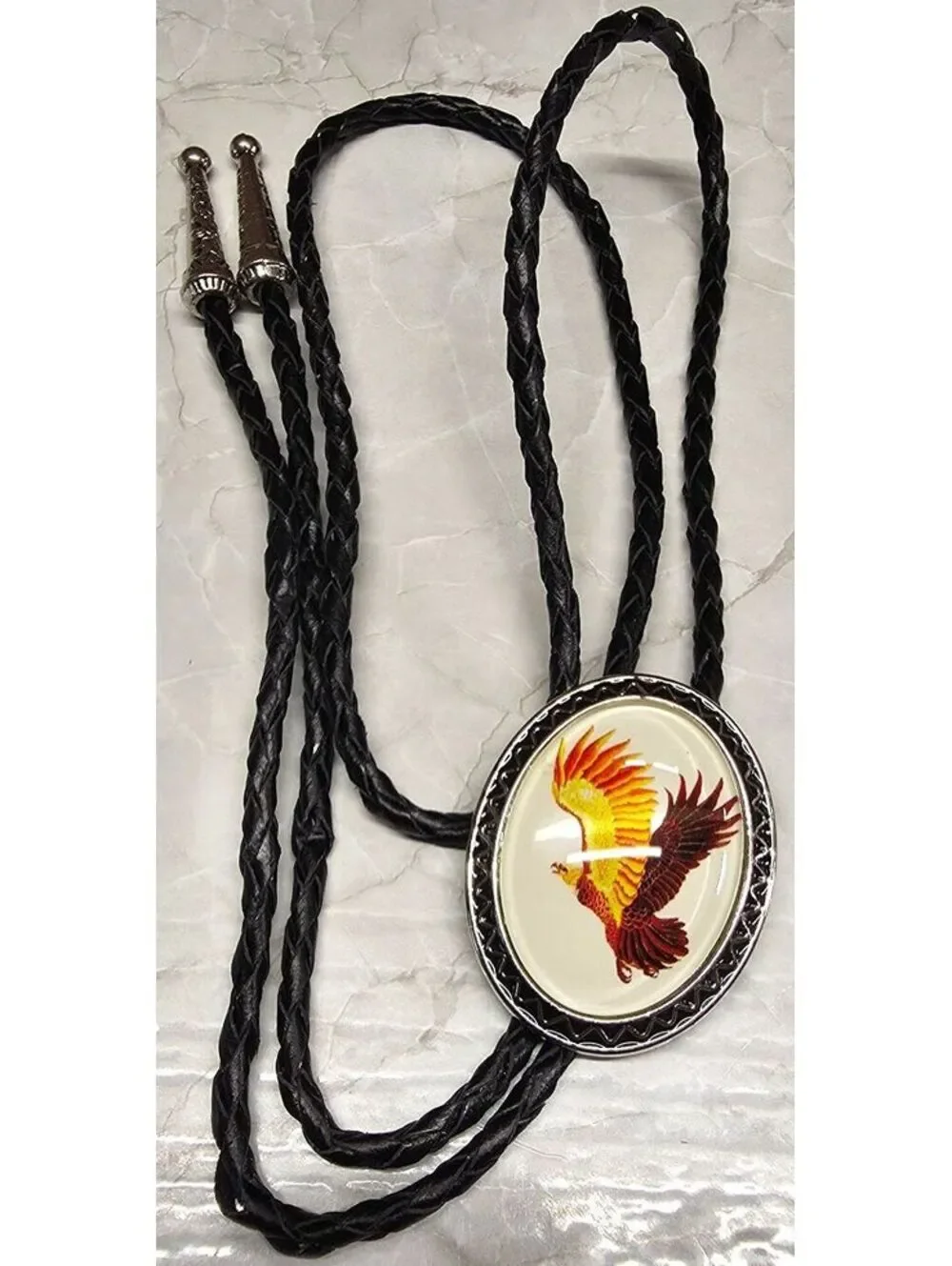 New Western Black Braided Cord Bolo Tie Oval Cabachon Eagle Silver Tone Cowboy